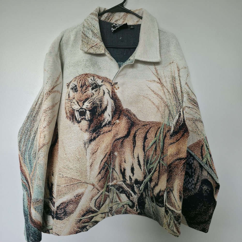 Rebel Vengeance AOP Tiger Tapestry Jacket Woven Shirt Shacket Safari Mens Large